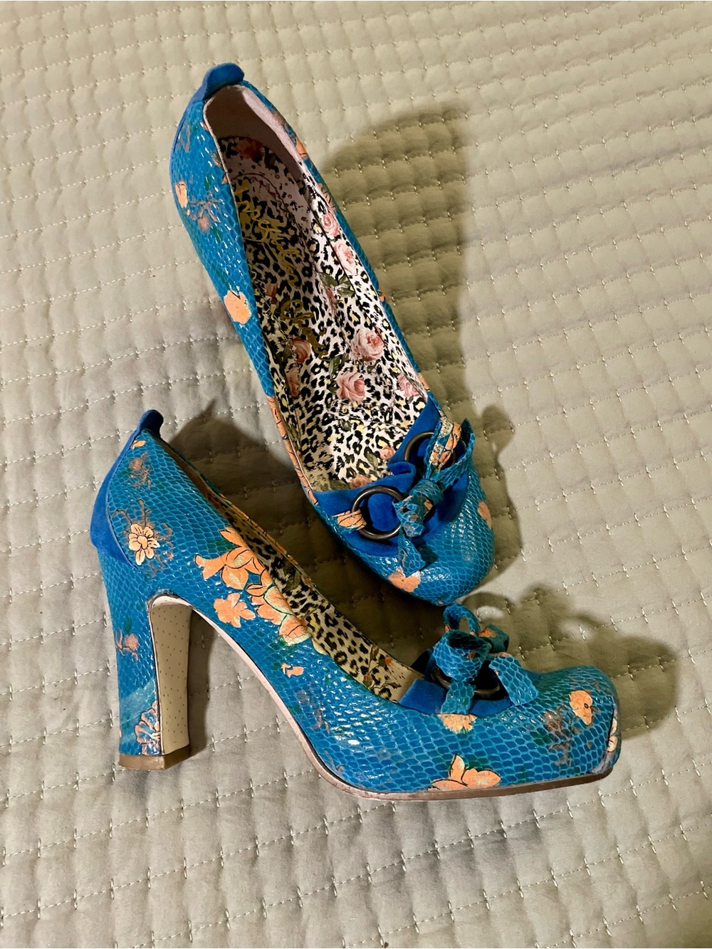 Irregular Choice Blue Floral High Heel Pumps with Bow Accent